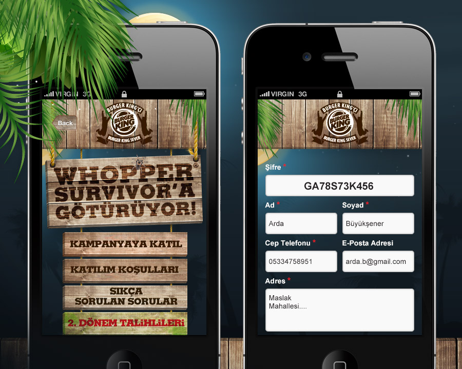 Burger King Survivor campaign mobile interface screen set