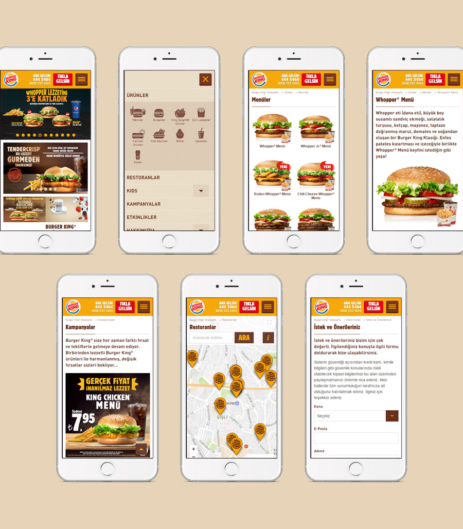Burger King mobile website interface screen set